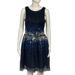 H&M Blue Silver Sequin Tulle Fit & Flare Sleeveless Stretch Cocktail Dress Sz S